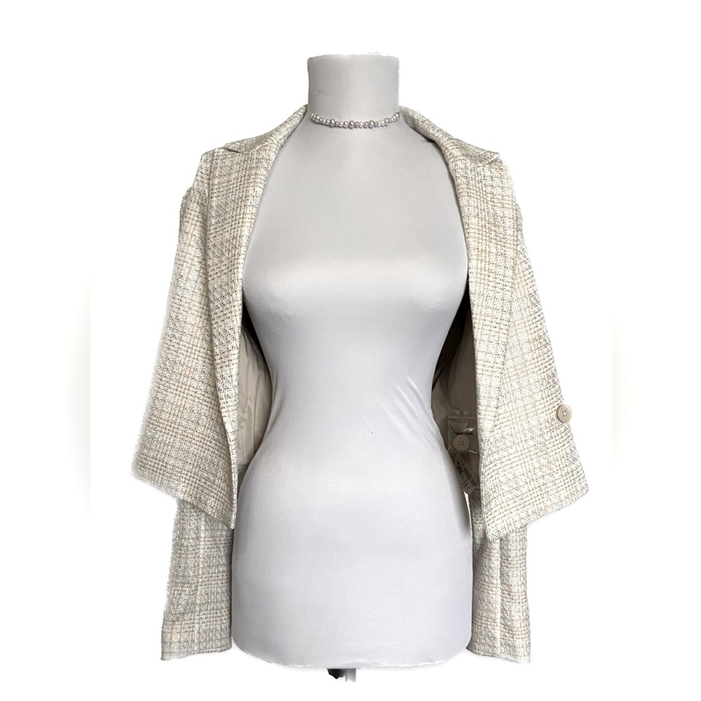 X Calvin Klein Tweed Blazer, Size 6, Petite, Light Cream Silver Peach Light Blue